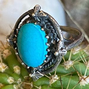 VTG Navajo Native American Turquoise Sterling Silver Ring Floral Leaf Detail 4